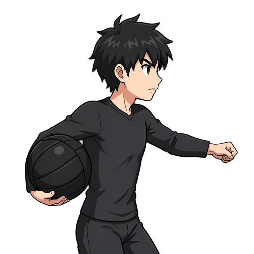 create a 2d anime-style volleyball attack sprite animation featuring a young male volleyball player seen from a side view, facing to the right.  the character has messy black spiky hair, a slim athletic body, and a focused expression. he wears a dark blac