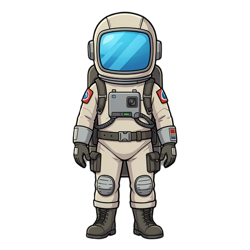 front facing astronaut/submariner with a rounded, tall rectangular helmet with square visor that is reflective blue. figure has a backpack oxygen tank. gloves and boots. realistic proportions, fewer accessories and decorations on suit. -cartoon, -childish