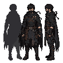 shadow rogue, front and side view, masked male assassin, messy black hair, dark cloak, scarf, tactical fantasy outfit, leather belts, stealth gear, medieval fantasy style, detailed character concept art, game-ready design, clean background, aaa quality.