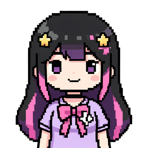 pixel art, chibi anime girl, upper body, long black purple hair with pink highlights, star hair clips, black choker, pink ribbon bow on chest, white cross badge, soft purple outfit, small smile, closed mouth, simple clean pixel style, 32x32 or 64x64, tran