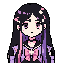 pixel art, chibi anime girl, upper body, long black purple hair with pink highlights, star hair clips, black choker, pink ribbon bow on chest, white cross badge, soft purple outfit, small smile, closed mouth, simple clean pixel style, 32x32 or 64x64, tran