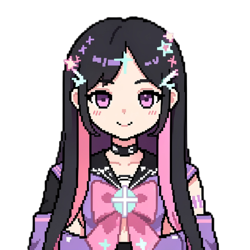 pixel art, chibi anime girl, upper body, long black purple hair with pink highlights, star hair clips, black choker, pink ribbon bow on chest, white cross badge, soft purple outfit, small smile, closed mouth, simple clean pixel style, 32x32 or 64x64, tran