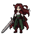64x64 pixel art sprite, side profile, jrpg style, black background. female with long dark auburn red hair and blue eyes. wearing a flowing dark red cape, white medieval shirt, dark green open front dress split over black pants, brown leather belt, long bl