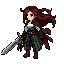 64x64 pixel art sprite, side profile, jrpg style, black background. female with long dark auburn red hair and blue eyes. wearing a flowing dark red cape, white medieval shirt, dark green open front dress split over black pants, brown leather belt, long bl