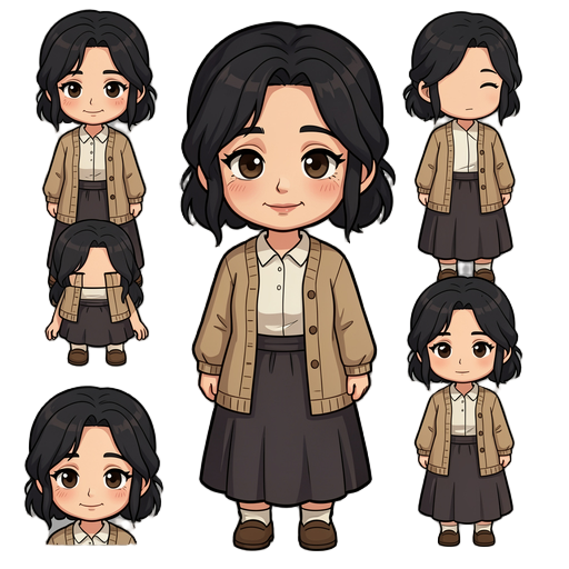 create a game-ready idle animation sprite sheet for this reference character.  use the reference image as the exact character design: adult mother character, black hair tied in a loose low bun with soft face-framing strands, gentle warm expression, slight