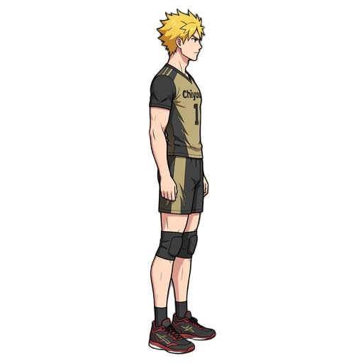create a full-body side-view anime sprite character facing right. the character is a tall athletic male volleyball player, about 188 cm, with fair skin, a serious expression, and spiky lightning-yellow hair. he wears a muted yellow and black volleyball je
