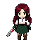 top down view ,girl adventurer, long dark red hair, white medieval shirt, dark green dress, black finger gloves, brown boots, silver sword with red runic blade