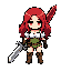 64-bits pixel art, female adventurer, long wavy red hair, white puffy blouse, moss-green corset, black gloves, brown boots, oversized silver greatsword, red runic blade
