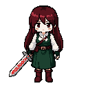 top down view, final fantasy brave exivus style, girl adventurer, long dark red hair, white medieval shirt, dark green dress, black finger gloves, brown boots, silver sword with red runic blade