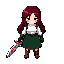 top down view, final fantasy brave exivus style, girl adventurer, long dark red hair, white medieval shirt, dark green dress, black finger gloves, brown boots, silver sword with red runic blade