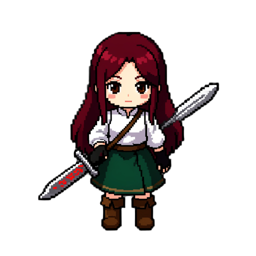 top down view, final fantasy brave exivus style, girl adventurer, long dark red hair, white medieval shirt, dark green dress, black finger gloves, brown boots, silver sword with red runic blade