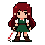 top down, front view ,girl adventurer, long dark red hair, white puffy blouse, dark green dress, black finger gloves, brown boots, silver sword with red runic blade