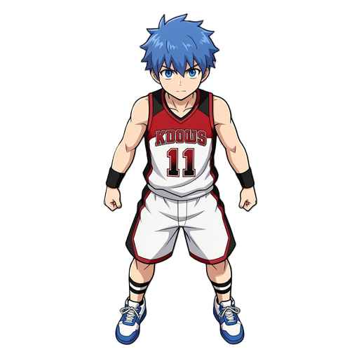 create a kuroko jus sprite blue hair serin 11 jersery red black and white with blue eyes and white and blue shoes with 2 black rist bands