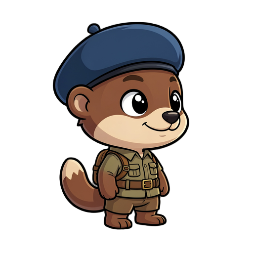 personagem mascote chibi 2d para jogo indie/mobile, um ursinho/lontra aventureiro em pose lateral 3/4 olhando para a direita, corpo pequeno e cabeça grande, proporções heroicas fofas, olhos grandes e expressivos, expressão confiante e amigável. ele usa um