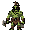 32x32 pixel art, tribal orc warrior, green skin with darker tribal tattoos and warpaint, muscular build, fierce expression with prominent tusks, wearing bone necklace, fur loincloth and leather straps, holding a crude stone axe, mohawk hairstyle with feat