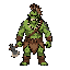 64x64 pixel art, tribal orc warrior, green skin with darker tribal tattoos and warpaint, muscular build, fierce expression with prominent tusks, wearing bone necklace, fur loincloth and leather straps, holding a crude stone axe, mohawk hairstyle with feat