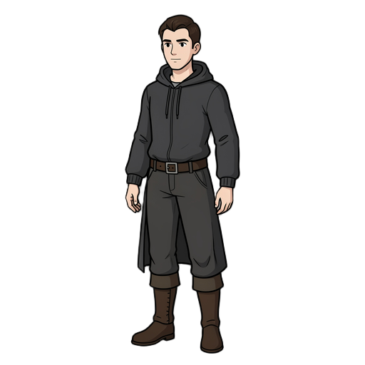 full-body 2d character illustration, standing, three-quarter front view, head to toe (nothing cropped). clean minimal style with bold black outlines and flat cel shading, hollow knight / silksong inspired. proportions: natural adult human proportions, abo