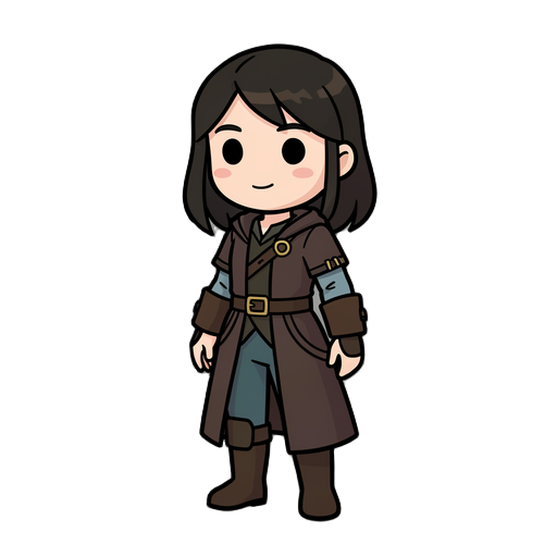 full-body 2d character concept art of "cinder", a video game protagonist, standing pose, three-quarter front view, entire figure visible from head to toe, nothing cropped.  style: clean minimal dark-fantasy game art, bold dark outlines, flat cel shading, 