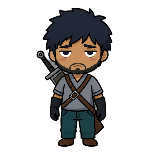 2d full-body game character, hollow knight / silksong style, bold clean outlines, flat cel shading. young man weary survivor: messy dark navy hair, short beard, olive skin, calm tired eyes. grey-blue short-sleeved shirt, dark teal trousers, black gloves, 