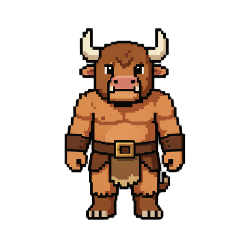cute minotaur character, same camera angle, perspective,size, style, and facing direction as the reference