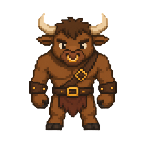 cute minotaur character, same camera angle, perspective,size, style, and facing direction as the reference