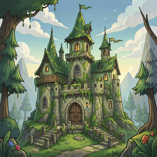 mossy green keep. fantasy style. animated.