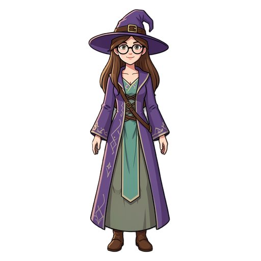 female wizard. young, slender, medium breasts. long brown hair. spectacles. attractive, girl next door kind of look. animated fantasy