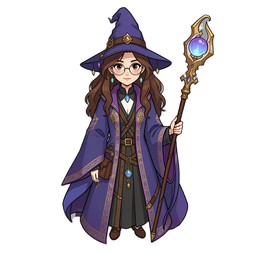 female wizard. young, slender, medium breasts. long brown hair. spectacles. attractive, girl next door kind of look. animated fantasy