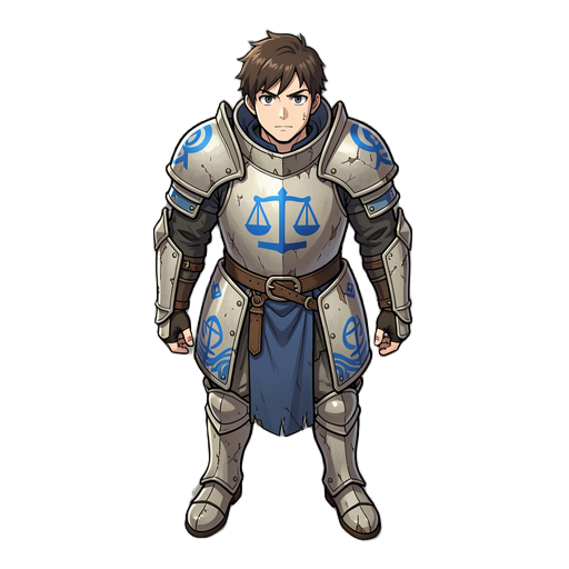 style manga, plus jeune et épique. il porte une ancienne armure marquée du symbole de l'ordre bleu, la balance, une institution disparue depuis plus d'un siècle. son apparence inspire immédiatement la curiosité : il semble être un vestige vivant d'une épo
