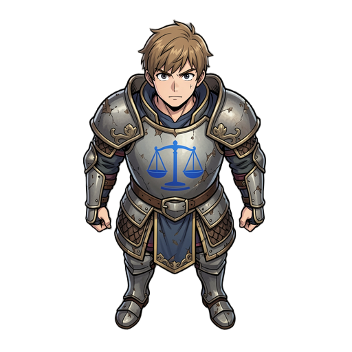 style manga, plus jeune et épique. il porte une ancienne armure marquée du symbole de l'ordre bleu, la balance, une institution disparue depuis plus d'un siècle. son apparence inspire immédiatement la curiosité : il semble être un vestige vivant d'une épo