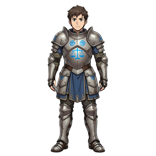 style manga, plus jeune et épique. il porte une ancienne armure marquée du symbole de l'ordre bleu, la balance, une institution disparue depuis plus d'un siècle. son apparence inspire immédiatement la curiosité : il semble être un vestige vivant d'une épo