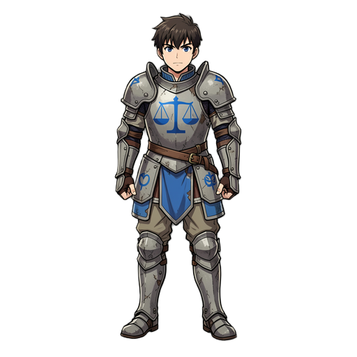 style manga, plus jeune et épique. il porte une ancienne armure marquée du symbole de l'ordre bleu, la balance, une institution disparue depuis plus d'un siècle. son apparence inspire immédiatement la curiosité : il semble être un vestige vivant d'une épo