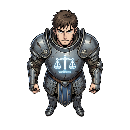 style manga, plus jeune et épique. il porte une ancienne armure marquée du symbole de l'ordre bleu, la balance, une institution disparue depuis plus d'un siècle. son apparence inspire immédiatement la curiosité : il semble être un vestige vivant d'une épo