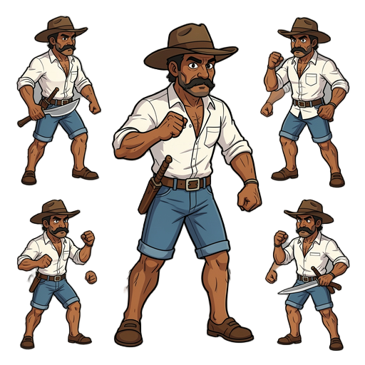 crie uma sprite sheet (folha de sprites) de uma animação de chute para um jogo 2d de luta com visão lateral. personagem (idêntico em todos os quadros): cangaceiro / sertanejo nordestino brasileiro, homem adulto durão, pele morena bronzeada, bigode escuro 