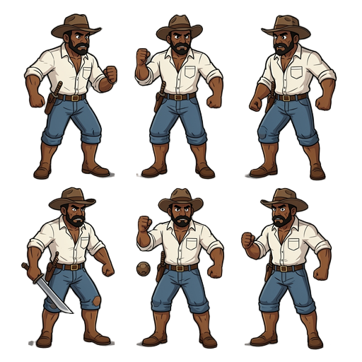 crie uma sprite sheet (folha de sprites) de uma animação de chute para um jogo 2d de luta com visão lateral. personagem (idêntico em todos os quadros): cangaceiro / sertanejo nordestino brasileiro, homem adulto durão, pele morena bronzeada, bigode escuro 