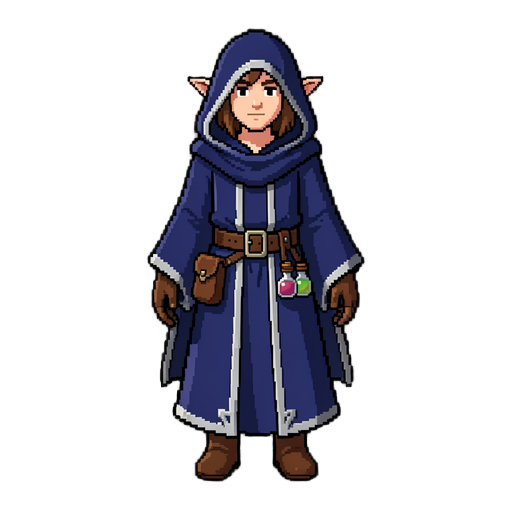 create a pixel art fantasy wizard character in a clean, high quality rpg style. the character is a simple elf mage with pointed ears, wearing a long deep blue robe with silver trim, a hood resting on the back, leather belt with small potion pouches, brown