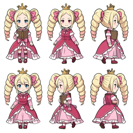 high quality 2d anime style sprite sheet, not pixel art. clean crisp lines, vibrant colors. horizontal row of 8 frames showing a walk cycle. character: beatrice from re:zero (cream twin drill hair, pink frilly dress, pink ribbon, crown). side-facing right
