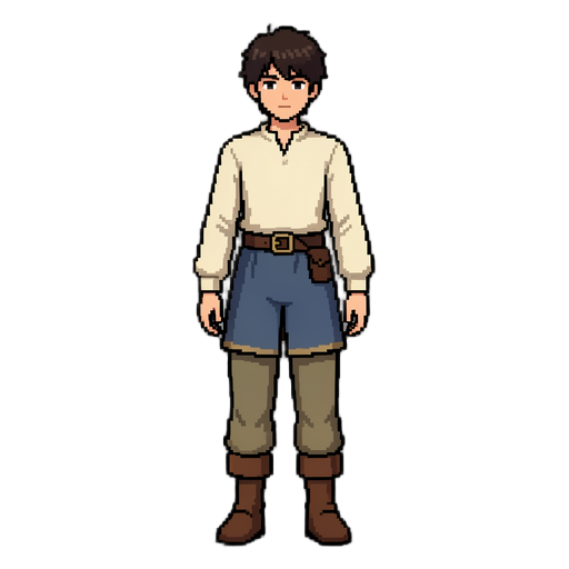 create a clean pixel art mmorpg character sprite based on the reference image: a young male beginner/apprentice class character, front-facing, standing in idle_south position. full body, symmetrical pose, arms relaxed at the sides, simple medieval fantasy