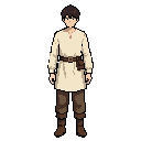 create a clean pixel art mmorpg character sprite based on the reference image: a young male beginner/apprentice class character, front-facing, standing in idle_south position. full body, symmetrical pose, arms relaxed at the sides, simple medieval fantasy