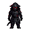 pixel art black robotic samurai, crimson glowing eyes, black jingasa hat, layered black samurai armor, dark metallic body, red highlights, futuristic cyber-samurai design, katana sheathed at the waist, intimidating posture, detailed shading, mysterious wa