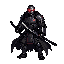 pixel art robotic samurai, glowing red eyes, black traditional samurai robes and armor, dark metallic body, cyberpunk-feudal japanese design, holding a katana, intimidating stance, detailed shading, flowing black robes, clean 48x48 game sprite, high-quali