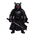 pixel art robotic samurai, glowing red eyes, black traditional samurai robes and armor, dark metallic body, cyberpunk-feudal japanese design, holding a katana, intimidating stance, detailed shading, flowing black robes, clean 48x48 game sprite, high-quali