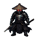 pixel art robotic samurai, red glowing eyes, traditional jingasa hat, black samurai robes and armor, dark metallic body, cyberpunk japanese design, katana, intimidating pose, detailed shading, flowing robes, clean 48x48 sprite.
