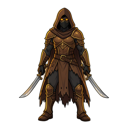 ladino de rpg, corpo inteiro em vista lateral. capuz e máscara escuros, armadura de couro leve, manto rasgado, duas adagas curvas, postura furtiva e agachada. dark fantasy: corpo quase preto e marrom, detalhes em dourado e âmbar, brilho âmbar no contorno,