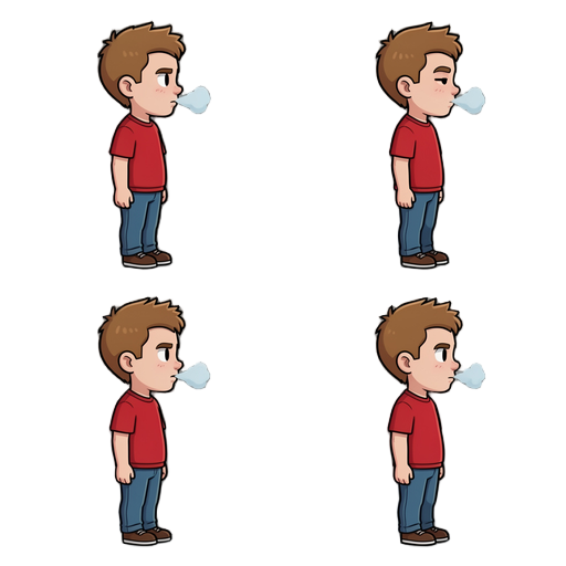 character standing still breathing, 4 frames loop, facing right