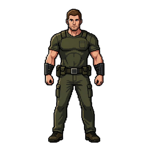 create a professional pixel art character sprite for a top-down shooter game. style: * realistic body proportions * character size exactly 10x20 pixels * head slightly larger than realistic but much smaller than chibi style * long legs * broad shoulders *