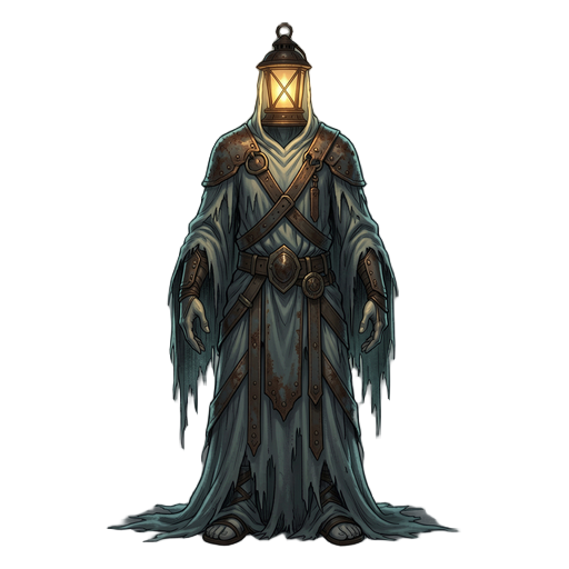 lantern wraith — forgotten lighthouse spirit  theme: ghost / support-type mob / atmospheric  prompt  a tall ghostly entity standing motionless in an idle pose, body hidden beneath layered shredded robes and rusted ceremonial metal pieces. a warm ancient l
