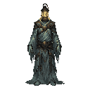 lantern wraith — forgotten lighthouse spirit  theme: ghost / support-type mob / atmospheric  prompt  a tall ghostly entity standing motionless in an idle pose, body hidden beneath layered shredded robes and rusted ceremonial metal pieces. a warm ancient l