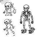 "a clean, detailed, retro-style pixel art character sheet on a simple, light grey pixelated background. on the right, a high-quality pixel art version of the skeleton warrior from image_0.png stands in full view. the skeleton has a small, detailed cluster