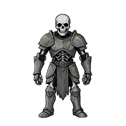 a highly detailed, imposing pixel art character of a battle-hardened skeleton knight, standing in a commanding, full-frontal stance within a dark, ancient, moss-covered crypt. the knight is the central and sole focus, with all mushroom-like elements remov
